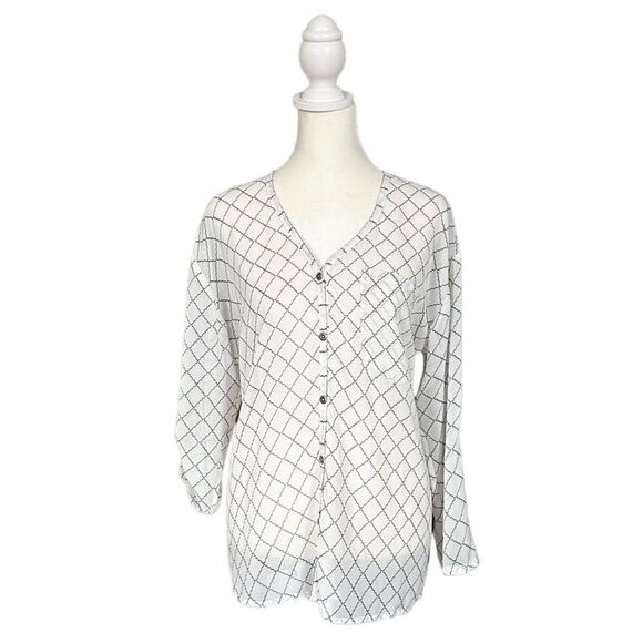 CAbi Sheer White & Black Diamond Criss Cross Pattern Button Down Shirt Blouse XS - Picture 1 of 13
